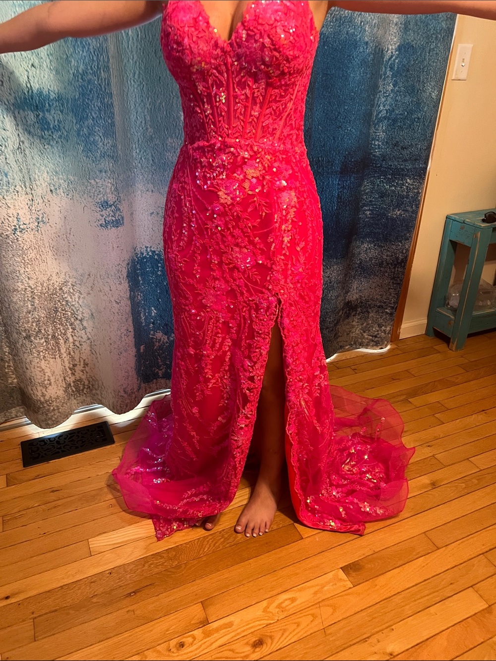 Sherri Hill Hot Pink Sequin High-Slit removable train prom dress - Picture 5 of 17